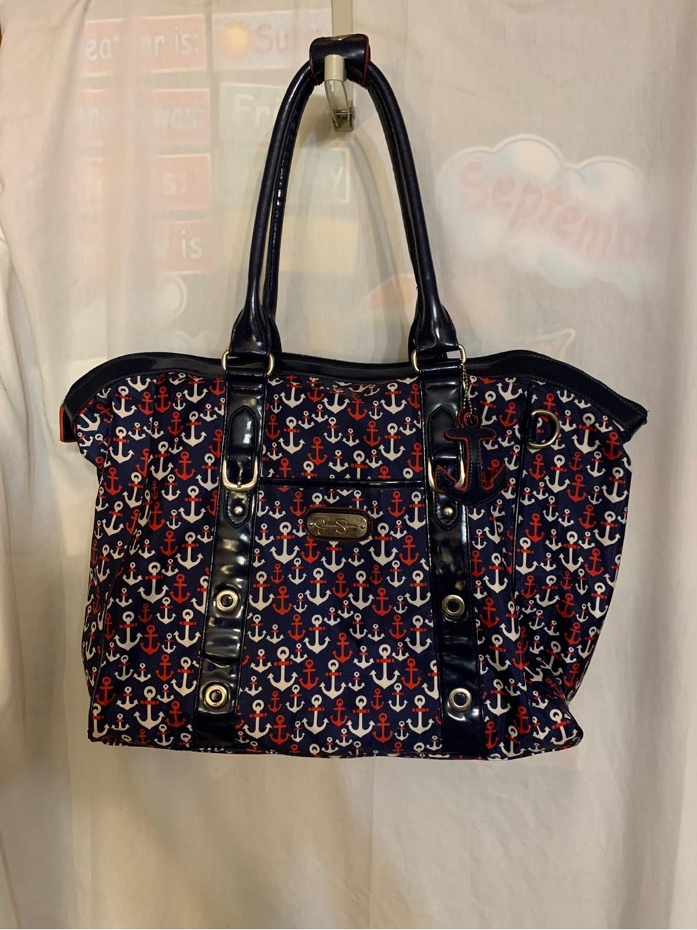 Jessica Simpson Navy Tote with Red & White Anchor Print